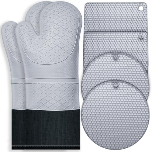 6pcs Oven Mitts and Pot Holders Sets for Kitchen, Silicone Oven Gloves Heat Resistant 500 Degrees, Extra Long Oven Mitts with 4 Non-Slip Pads, Cotton Lined & Waterproof, Kitchen Gloves for Cooking.