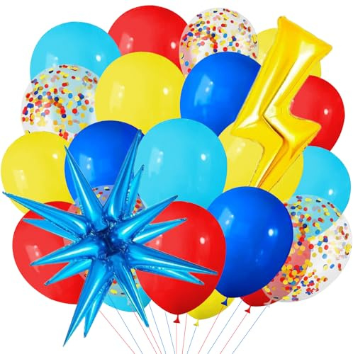 Luftballons Rot Gelb Blau, 27pcs Ballons Dunkelblau Rot Gelb Konfetti, Rot Blau Gelb Party Luftballons, Explosions Stern, Blitz Folienballon, Rot Gelb Blau Latexballons