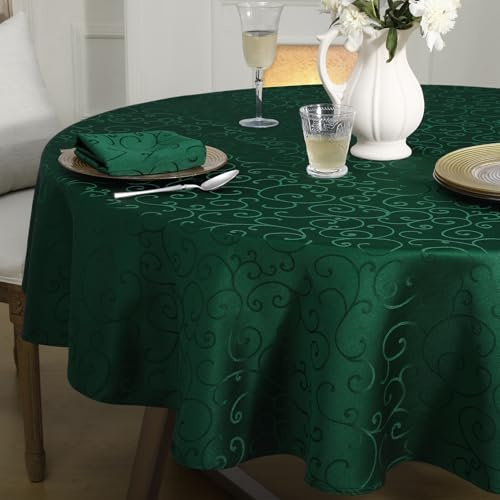Romanstile Large Round Table Cloth Dark Green 180 cm, Water-Repellent, Wrinkle-Free, Stain Resistant 210GSM Jacquard, Table Cover for Christmas Party, Holiday Dinner, Wedding, Elegant Finish