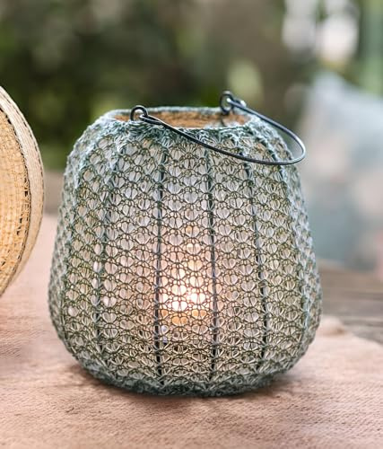 Dekoleidenschaft Laterne Gehäkelt aus Garn in grün, Deko Kerzenlaterne Ø 20 x 18 cm, Kerzenhalter mit Windlicht Glas
