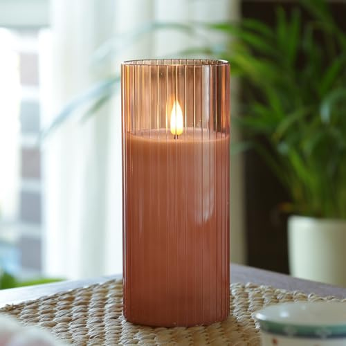 MARELIDA LED Kerze im Glas Windlicht Echtwachs flackernd Timer rosa (17,5cm Höhe)