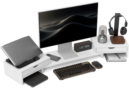 HOMCOM Dual Monitor Stand Riser with 2 Drawers, 116cm, for Laptop, White | Adjustable Length and Angle, Monitor Riser for Computer, PC, Small Printer, Desk Organiser