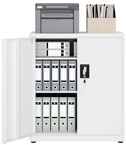 LAND·VOI Stahlschrank 3 Ebenen mit Schloss verstellbare Einlegeböden Doppeltüren Aktenschrank Werkzeugschrank für Büro Garage Haushalt Werkstatt 80x40x91.5 cm weiß