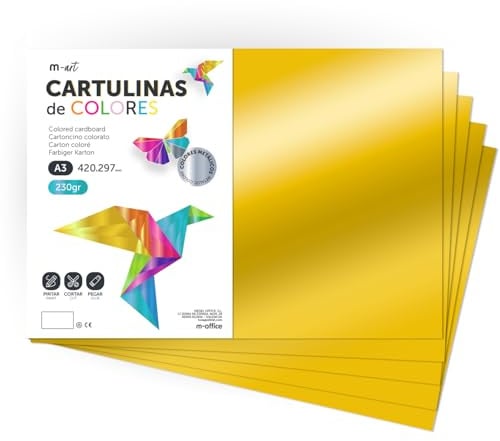 Carton Métallisé Couleur A3, 230 g/m², Feuilles Cartonnées Grandes, Carton de Couleur pour Loisirs Créatifs, Projets Artistiques et Décorations, Effet Brillant · m-office (10 feuilles, or)