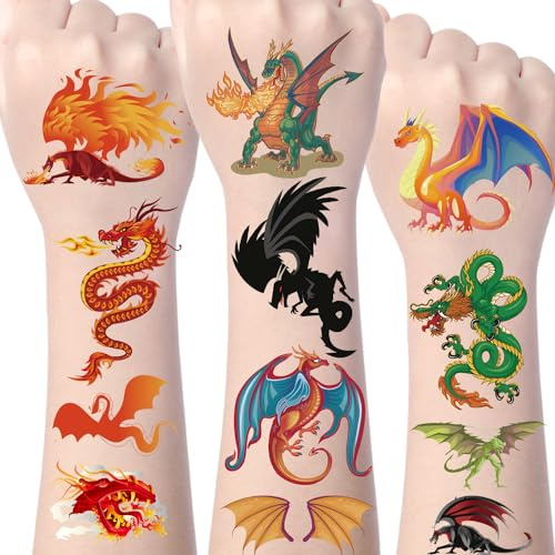 Yomover Drachen Temporäre Tattoo Dekorationen, 200+ Stück Drache Fake Tattoos Deko Geburtstag, Drachen-Tattoos Goodie Bag Füller