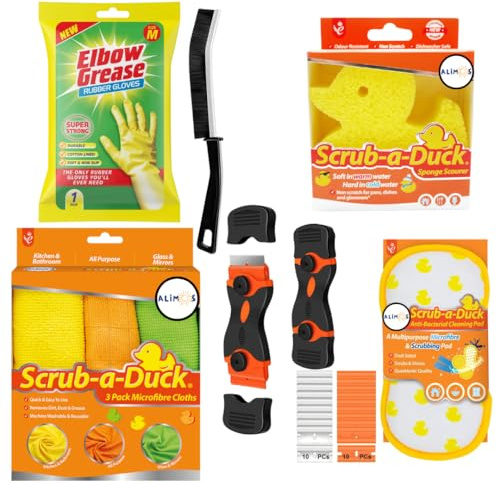 Alimos 6 Piece Cleaning Kit Bundle – Crevice Brush, Non Scratch Sponge Scourer, 3 Microfibre Cloths, Plastic Scraper Tool, Medium Cleaning Gloves & Anti Bacterial Pad