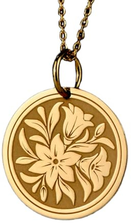 LKBEADS Collier pendentif pièce gravée fleur de lys 24 mm avec chaîne câble de 45,7 cm | Argent sterling plaqué or | Bijou unisexe | LK_PNDN_0925