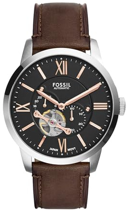 Fossil Men's Watch, Townsman Automatic Stainless Steel and Leather Two-Hand Skeleton Watch for Men, Color: Silver, Brown