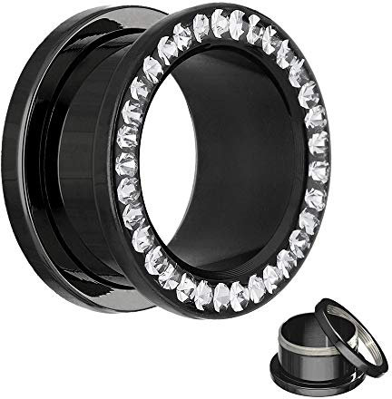 Treuheld® | 12mm Kristall Ohr Flesh Tunnel | Schwarz mit klaren Glitzer - Zirkonia - Steinen | Chirurgenstahl | Gewinde Schraubverschluss | Damen