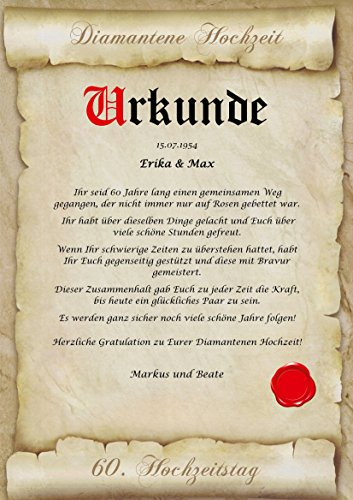 Diamantene Hochzeit Urkunde zum 60. Hochzeitstag - personalisiert XL Diamanthochzeit Geschenk Karte mit Name Datum persönliche Geschenkidee A4