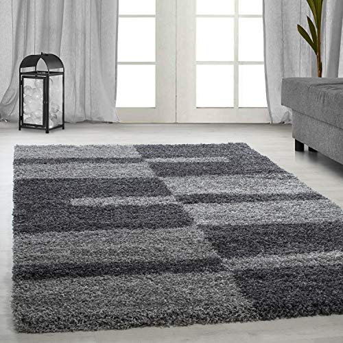 Ayyildiz Teppich-Hochflor Shaggy Teppich Karo Linien Muster Flauschig , Polypropylen, Grau, 160 X 230