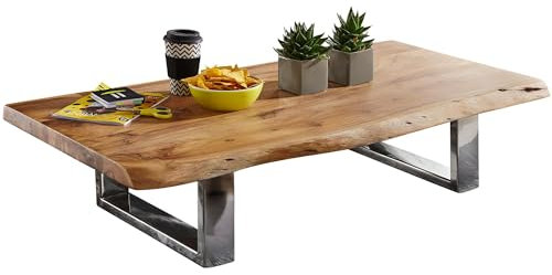 Wohnling Couchtisch 115 x 25 x 58 cm Akazie Massiv Holz Metallgestell groß, Baumstamm Wohnzimmertisch Massivholz Braun, Baumkante Sofatisch Landhaus Holztisch, Tisch Wohnzimmer Stubentisch