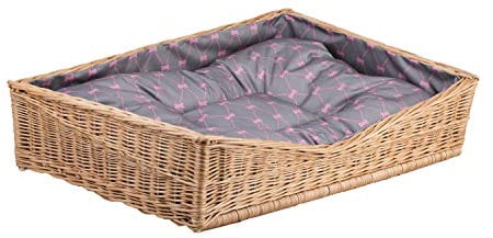 e-wicker24 Hundekorb aus Weide für Hund und Katze Hundebett Katzenbett mit Kissen Tierkorb geflochten Katzenkorb rechteckig Liegestuhl (Kissen Grau)