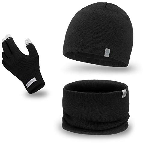 PaMaMi Herren Winter-Set 3-teilig Handschuhe, Mütze, Loop-Schal I Handschuhe mit Touchscreen-Funktion Wintermütze I Strickmütze atmungsaktive Mütze und wärmender Loop-Schal in Strickoptik