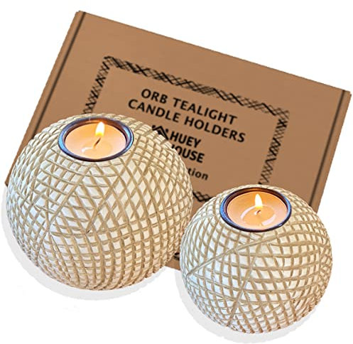 Luca Orb Kerzenhalter (2 Stück), Tischdekoration für ESS- oder Wohnzimmer, Spa, Badezimmer, Küchentheke, Kaminsims oder Couchtisch (Gittermuster, Beige und Weiß)
