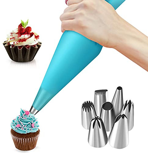 SUNJIOR 8-teiliges Kuchen Dekorierwerkzeug Set mit 7 Mund Dekoriertüllen und 1 Blau Silikon-Spritzbeutel für Kuchen, Torten, Keksen-Dekoration