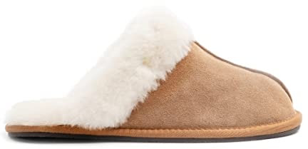 HOS Damen Schaffell AYLA Pantoffeln aus Schaffell, Schwarz, kastanienbraun, 36 EU