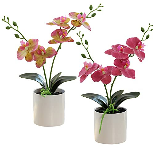 Flikool 2pcs Phalaenopsis Künstlich Blumen im Plastiktopf Doppelzweige Orchideen Kunstblumen in Topf Orchidee Künstliche Pflanzen Topfpflanze Gefälschte Kunstpflanzen Künstlicher Bonsai - Rose+Rot