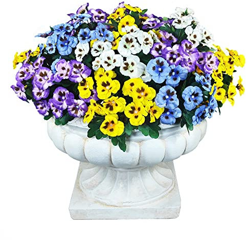 Flores artificiales para exteriores, resistentes a los rayos UV, pensamientos artificiales, flores de plástico sintético a granel, plantas falsas para exteriores (blanco azul violeta amarillo 12pcs)