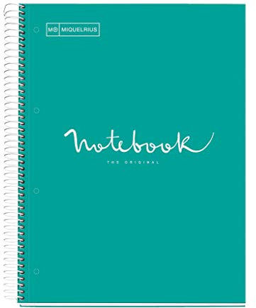 Miquelrius - Notizbuch A4 Punkte Notebook, 1 farbiger Streifen, 80 Blatt liniert mit Punkten (Dots), Papier 90 g/m² mikroperforiert mit 4 Bohrungen für 4 Ringe, Einband aus Karton, Farbe Türkis