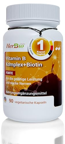 HerbBio Vitamin B-Komplex hochdosiert, 90 vegane Kapseln | mit Biotin Forte und Folsäure, laborgeprüft, Made in Germany