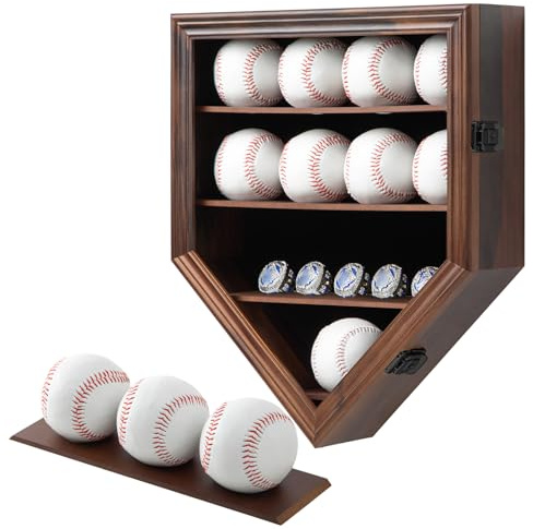 Grintus Baseball-Vitrine, Echtglas, massives Holz, Baseballhalter für Bälle und Meisterschaftsring, Wandhalterung mit abschließbarer Tür für Autogrammbälle, Sammlung (Walnuss)