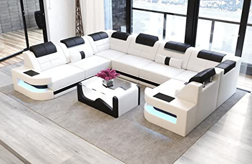 Sofa Dreams Wohnlandschaft Como U Form Ledersofa (Langer Schenkel Links, Weiß-Schwarz)