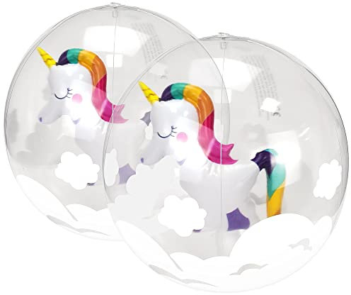 𝟐 𝐏𝐢𝐞𝐜𝐞𝐬 12 Inch Unicorn Inflatable Beach Ball 3D Unicorn Inside Design Swimming Pool Float Balls Summer Water Fun Game Ball Beach Football for Kids Adults Outdoor Activity Pool Beach Party