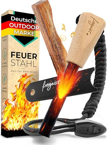 Feuerstahl Outdoor 12mm, Feuerstein mit Holzgriff für maximalen Funkenflug, Feuerstahl Zunder, Survival Kit, Set: Magnesium Feuerstarter + Paracord + Notfallpfeife + Beutel + Kienspan