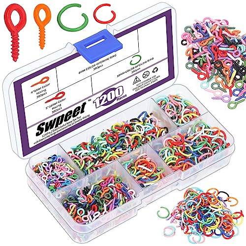 Swpeet 1201Pcs 4 Stil 4×8mm/5×10mm/8mm/10mm Bunte Kleine Schraube Eye Pin und Offene Sprung Ringe Set, Eye Pins Haken und Sprung Ringe, Ösen Schraube Gewinde Clasps Haken für DIY Kunsthandwerk