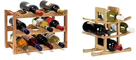 Relaxdays klein, Flaschenregal 12 Flaschen Wein, 28 x 21 x 42 cm & Weinregal aus Bambus, für 9 handelsübliche Flaschen, originelles Design, freistehend,14.5 x 30 x 30 cm, Natur