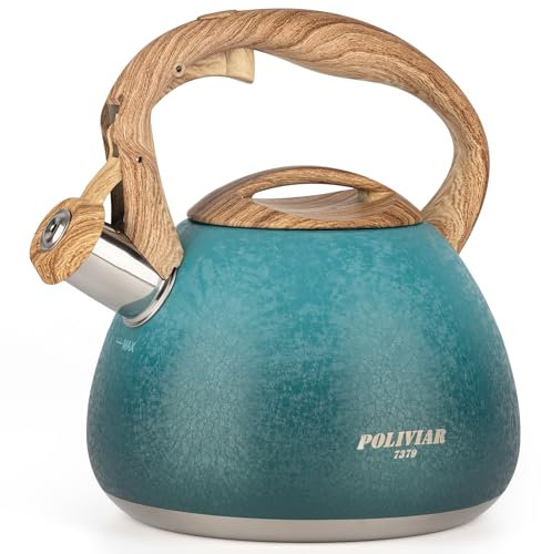 Poliviar Teekessel Induktion - Wasserkessel für Induktion und Gasherd - 2,5L Flötenkessel mit Holzmasergriff- Wasserkessel Induktion Pfeifkessel aus Edelstahl - Neue Design Version