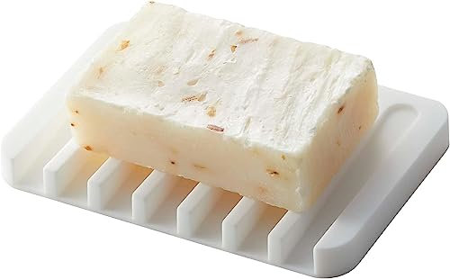 Silicone Soap Dish with Drain for Shower Bathroom Bar Soap Holder, Self Draining Drying Tray - White