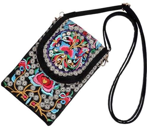 SHERCHPRY Sac Messager Brodé En Toile Sac À Bandoulière Femme Et Fille Pochette Téléphone Portable Et Maquillage Fermeture À Glissière 6.89X4.72X0.98 in