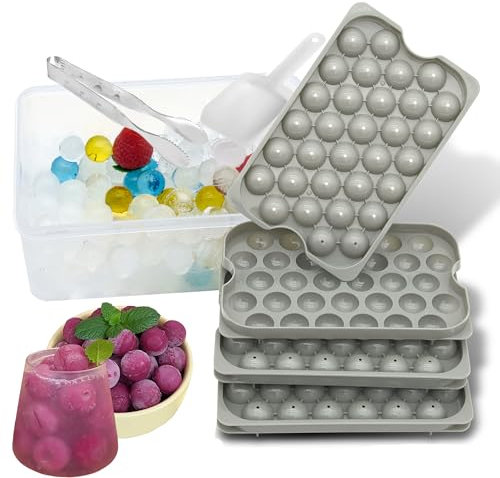 Mini Round Ice Cube Moulds with Lid and Storage, Plastic Ice Ball Maker, Ice Trays for Freezer, 32PCS Small Ice Cubes for Cocktail Whiskey Tea or Food Freezer (3Ice Trays & Ice Bin & Ice Scoop)