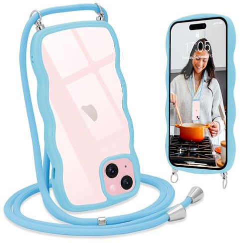 L-FADNUT Chaîne de Téléphone Portable pour iPhone 15 Coque avec Lanière Silicone avec Cordon à Porter Autour du Cou Transparent Coque de Protection pour iPhone 15 Bleu