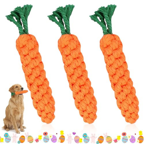 TOPJOWGA 3 Pezzi Gioco per Cani in Corda Intrecciata Carota, Giocattoli Cigolanti per Cani, Giocattolo da Masticare per Cuccioli Carota, Giochi Interattivi per Cani, Corda da Masticare Giochi