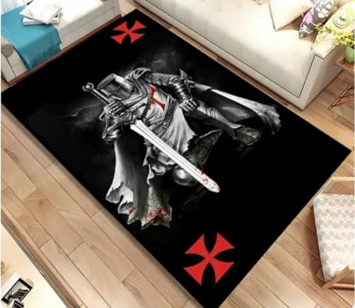 KIESEY Templer Ritter Muster Druck rutschfeste Teppiche Teppiche für Wohnzimmerbereich Anime Teppich 100x160cm