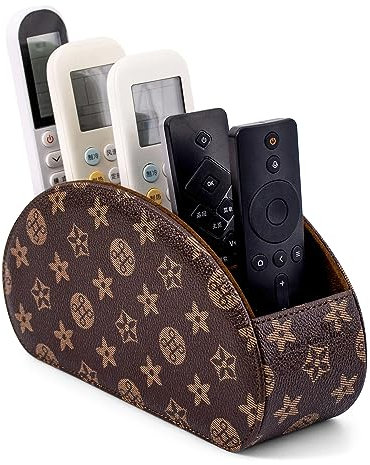 SANQIANWAN Fernbedienungshalter für Aufbewahrungsbox aus PU-Leder, Fernbedienungshalter mit 5 Fächern für TV-Receiver, DVD, Schreibtisch, Stift, Küche, Badezimmer, Make-up (Kaffeefarbene Blumen)