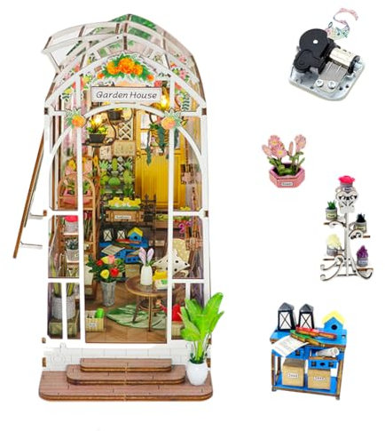 HJBHDOLL DIY Miniatur Puppenhaus Kits mit Spieluhr Buch Nook Kit, Puppenhaus Puzzle Modell Bücherregal Dekor mit LED-Licht Junge und Mädchen Geschenk (Glas Gartenhaus)