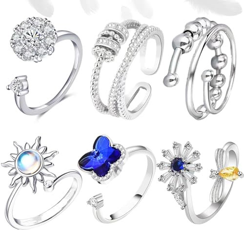 6pcs Anxiety Spinner Ring Set, Verstellbar Anti-Stress Mit Kristall Sterne Und Mond Sonne Schmetterling für Damen Herren MäDchen - Silber Fidget Ringe Geburtstags-Party-Geschenke