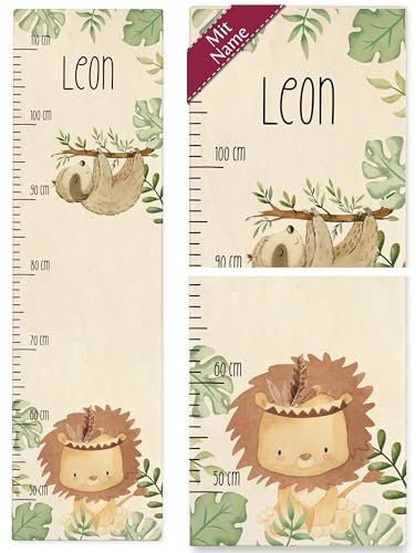 Messlatte Kinder - Süßer Löwe und Niedliches Faultier mit Namen - 50-110 cm - Holz - personalisiertes baby personalisierte personalisierter