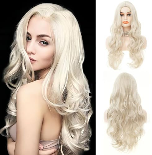 Siudus Hellblonde Lockige Lange Perücken für Frauen Mittelteil Wellige Welle Haar Perücke Hitzebeständige Faser Tägliche Cosplay Perücke