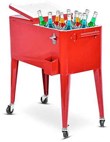 COSTWAY Carrello Portavivande Refrigerante 76L, Carrello Portaghiaccio Portatile con Ruote Bloccabili e Apribottiglie, Carrello Bar per Giardino Cortile e Piscina, 79 x 40 x 87 cm