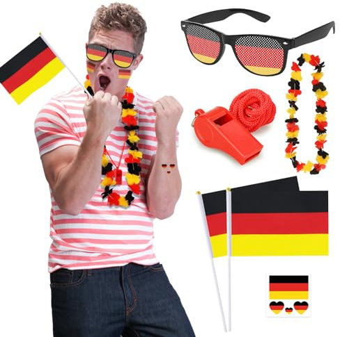 YADODO Deutschland Fanartikel Em 2024 Fanartikel mit 2 Stück Deutschland Flagge Klein 1 Stück Hawaikette Sonnenbrille Sportpfeifen Sticker Deutschland Fußball Fussball EM 2024 Fan für EM Deko 2024