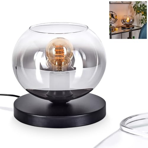 Tischleuchte Apedo, Tischlampe aus Metall/Glas in Schwarz/Rauchfarben/Klar, Leuchte im modernen Retro/Vintage-Design mit Schirm aus Glas (Ø 20cm) u. An/-Auschalter am Kabel, 1 x E27, ohne Leuchtmittel