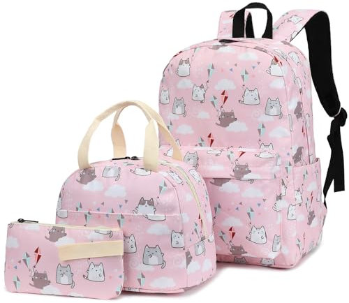 Kouxunt Schulrucksäcke für Mädchen für Kinder und Teenager, 3-in-1-Schultaschen-Set mit Lunchtasche, Federmäppchen, Katze pink, L