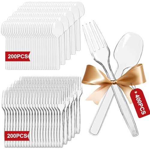 Cuchara de plástico y tenedor de plástico, 200 cucharas transparentes para cubiertos, 200 tenedores de cubiertos de plástico, cucharas para tartas de helado, ensalada de frutas, cucharas de postre,