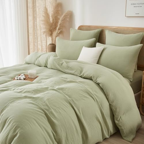 Luofanfei Baumwolle Musselin Bettwäsche 220x240 Grün Salbeigrün Renforce Uni Sommer Kühlende Boho Bettwäsche Set Knitterlook Weiche Bettbezug Bügelfrei mit Reißverschluss und Kissenbezüge 80x80cm