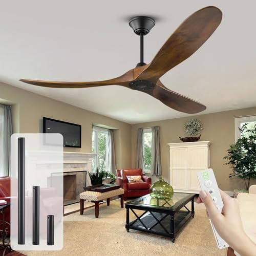 OUENGK Ventilatore da soffitto in legno per esterni da 70 pollici di grandi dimensioni senza luci, con telecomando, 3 pale, flusso d'aria elevato, con motore CC reversibile e silenzioso